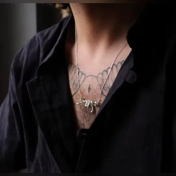 Silver Coiled Hanging Serpent Snake Pendant Gothic Biker Punk Necklace - Picture 3 of 7